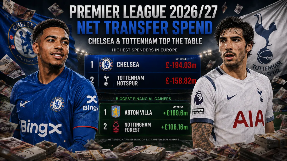 Chelsea and Tottenham lead the way in net spending for the 2026/27 season
