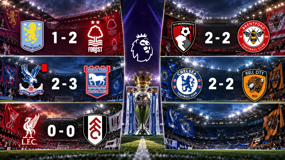 A busy Premier League Saturday: Nottingham Forest beat Aston Villa, Chelsea drop points, and Liverpool held to a draw