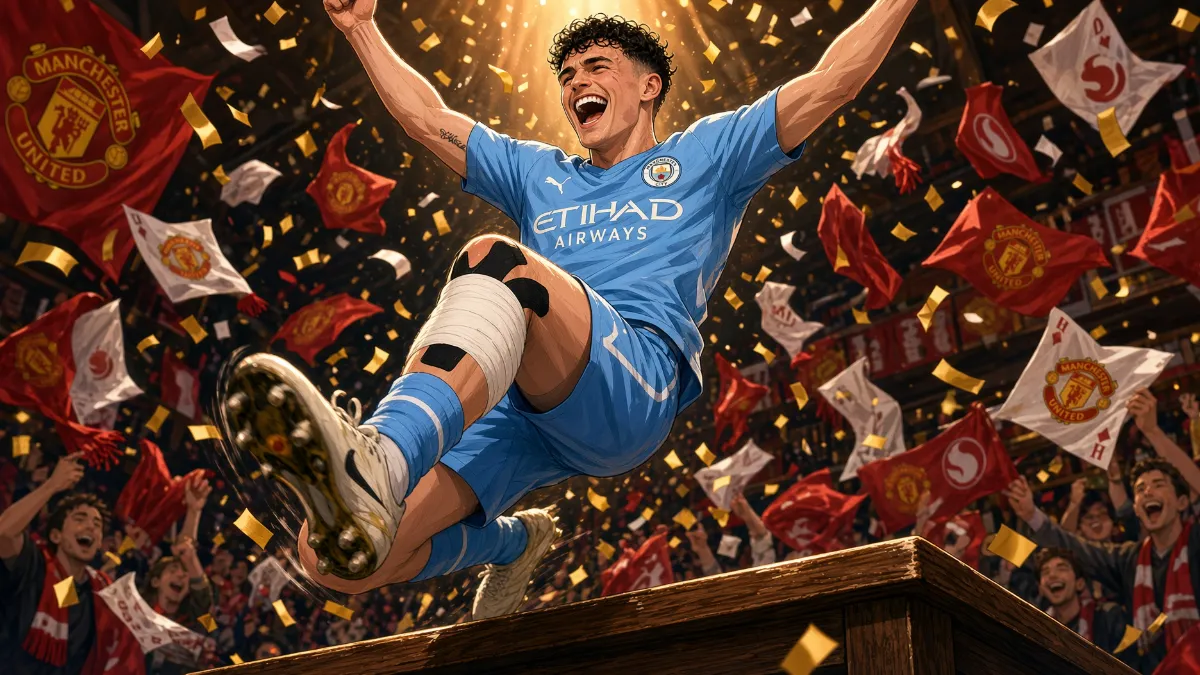 Phil Foden celebrates despite red card in Manchester derby triumph